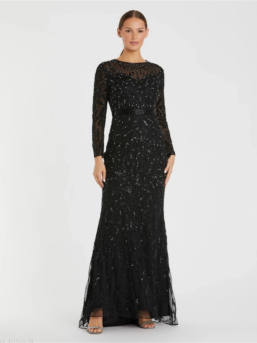Mac Duggal 5124 Black Long Sleeve Beaded Evening Gown Size 8 NWT